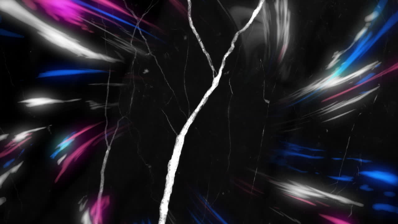 Vertical white jagged crack line moving through abstract digital scene, with neon light trails