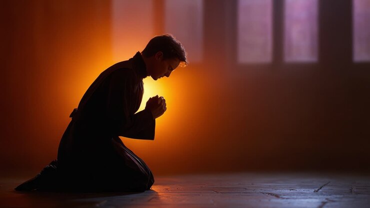 A Solemn Moment of Contemplation: A Figure Kneeling in Prayer, Bathed in Warm Light, Emphasizing Spiritual Reflection and Inner Peace Amidst Darkness