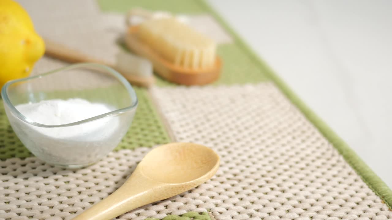 Natural Cleaning Supplies: Lemon, Baking Soda, and Wooden Spoon