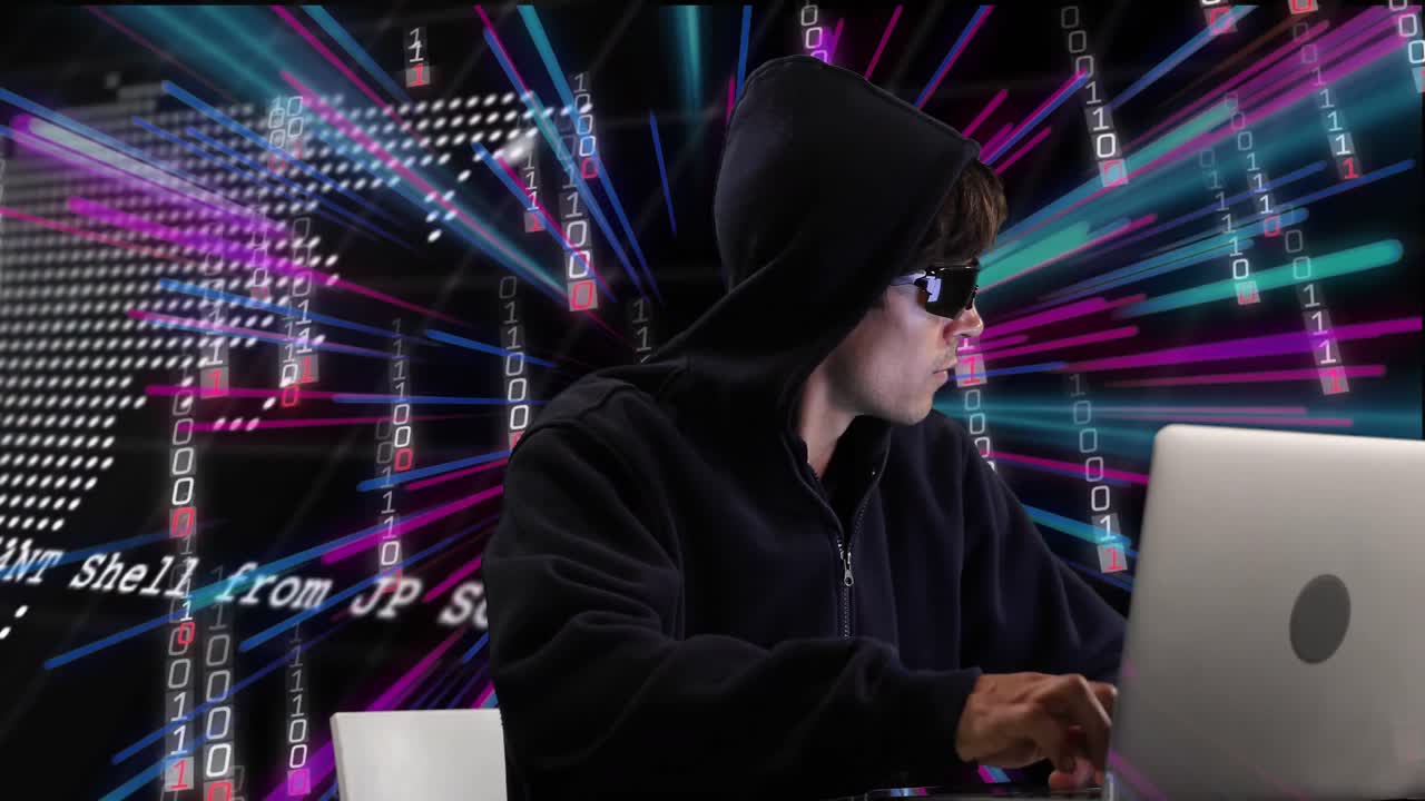 animación de un hacker caucásico sobre senderos de luz de neón rosado y azul