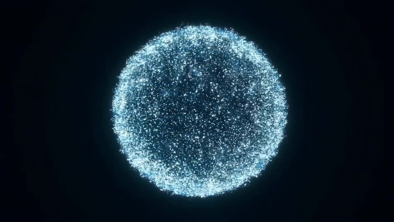 Luminous blue particles form a centered spherical shape on a dark background, creating an abstract futuristic scene with sparkling light, motion, and digital energy