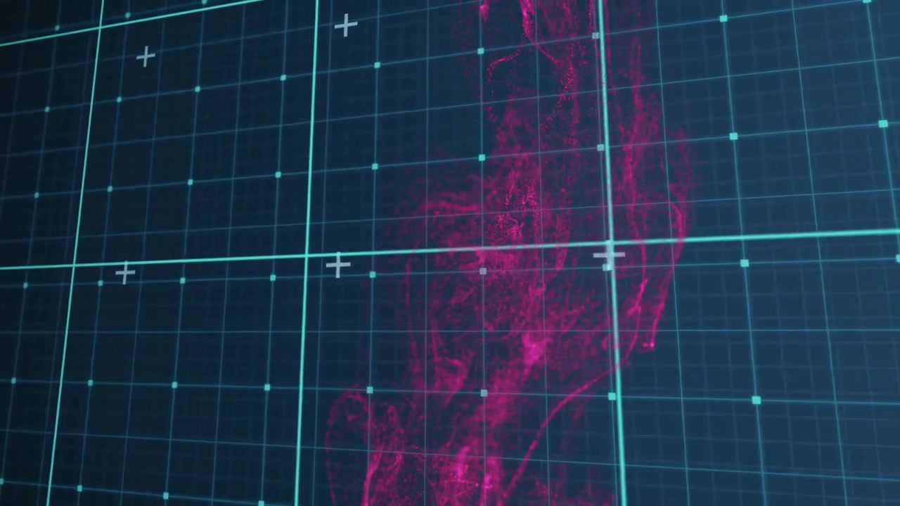 After appearing above grid center, pink fluid streaming downward over teal grid, visualizing smoke