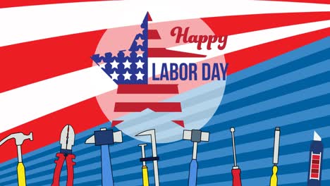 animation of happy labor day text over star, tools and american flag