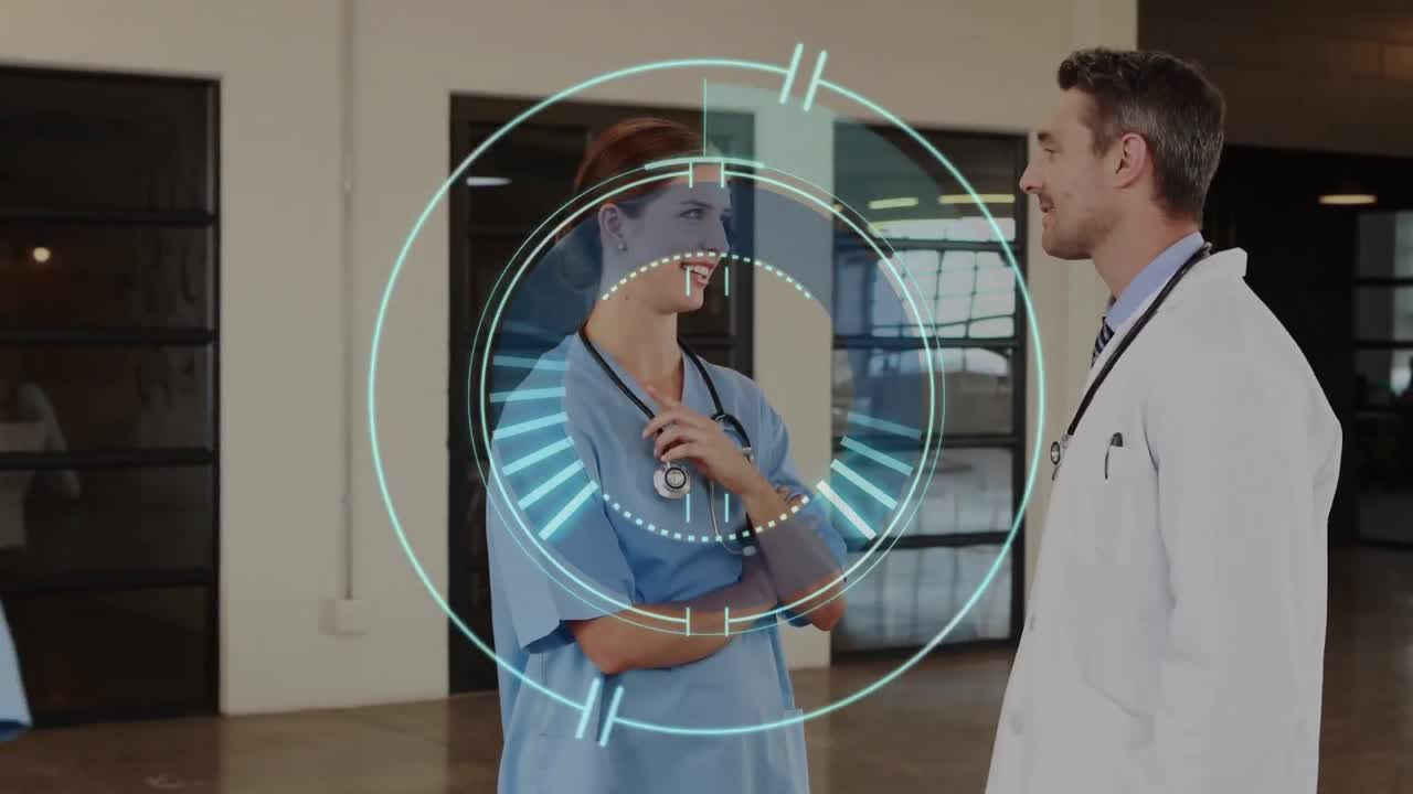 animación de escáner redondo de neón sobre un hombre y una mujer caucásicos hablando en el hospital.