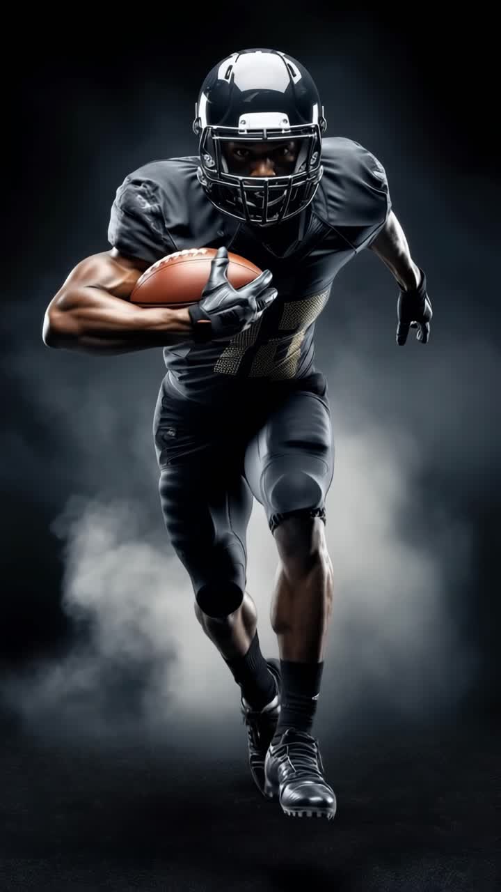 Scatto dinamico dal basso di un giocatore di football in movimento, che enfatizza potenza e velocità, ideale per lo sport