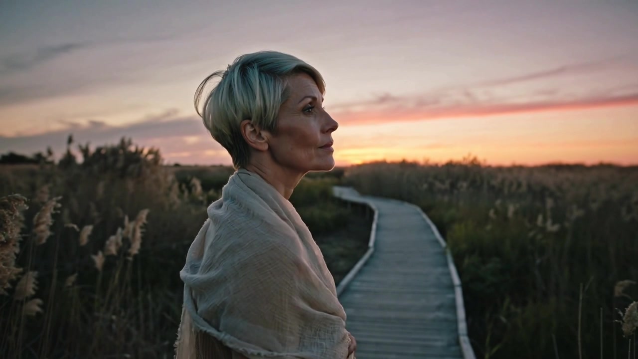 Woman Standing on Wooden Boardwalk at Sunset