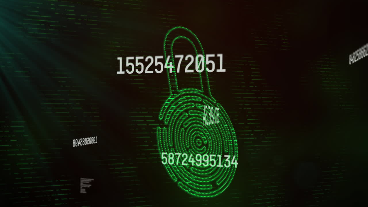 Animation of numbers changing data processing against online security padlock