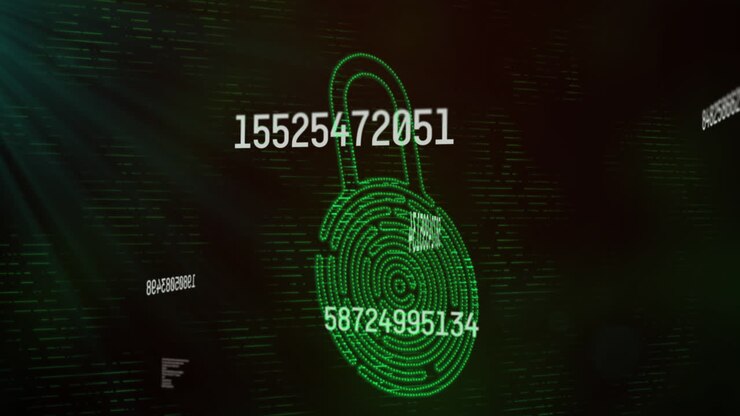 Animation of numbers changing data processing against online security padlock