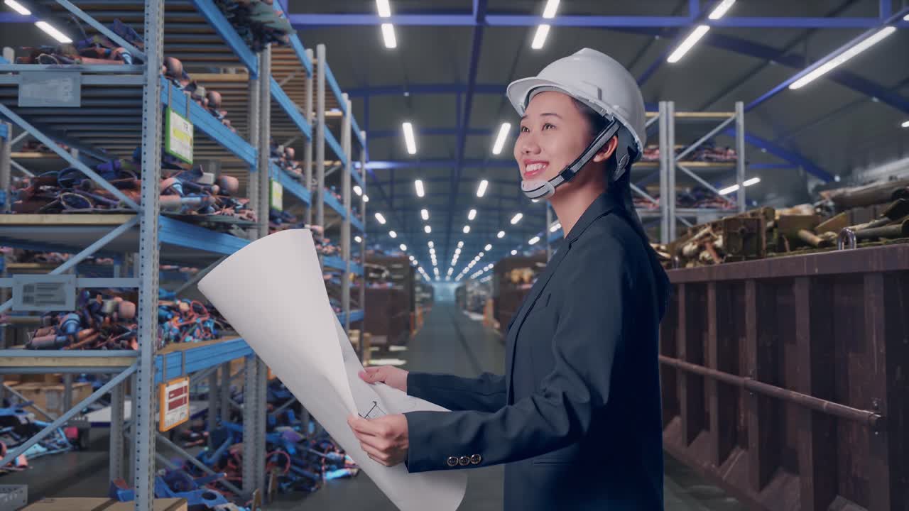 Vista laterale di una donna d'affari asiatica che tiene in mano una planimetria mentre cammina e si guarda intorno presso un magazzino industriale di rottami metallici e riciclaggio.