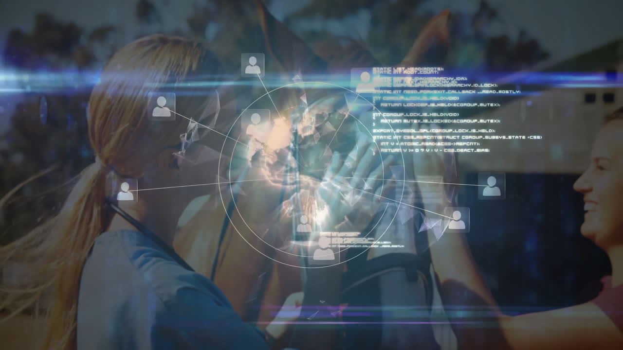 Examining horse, veterinarian using digital network connections overlay in clinic
