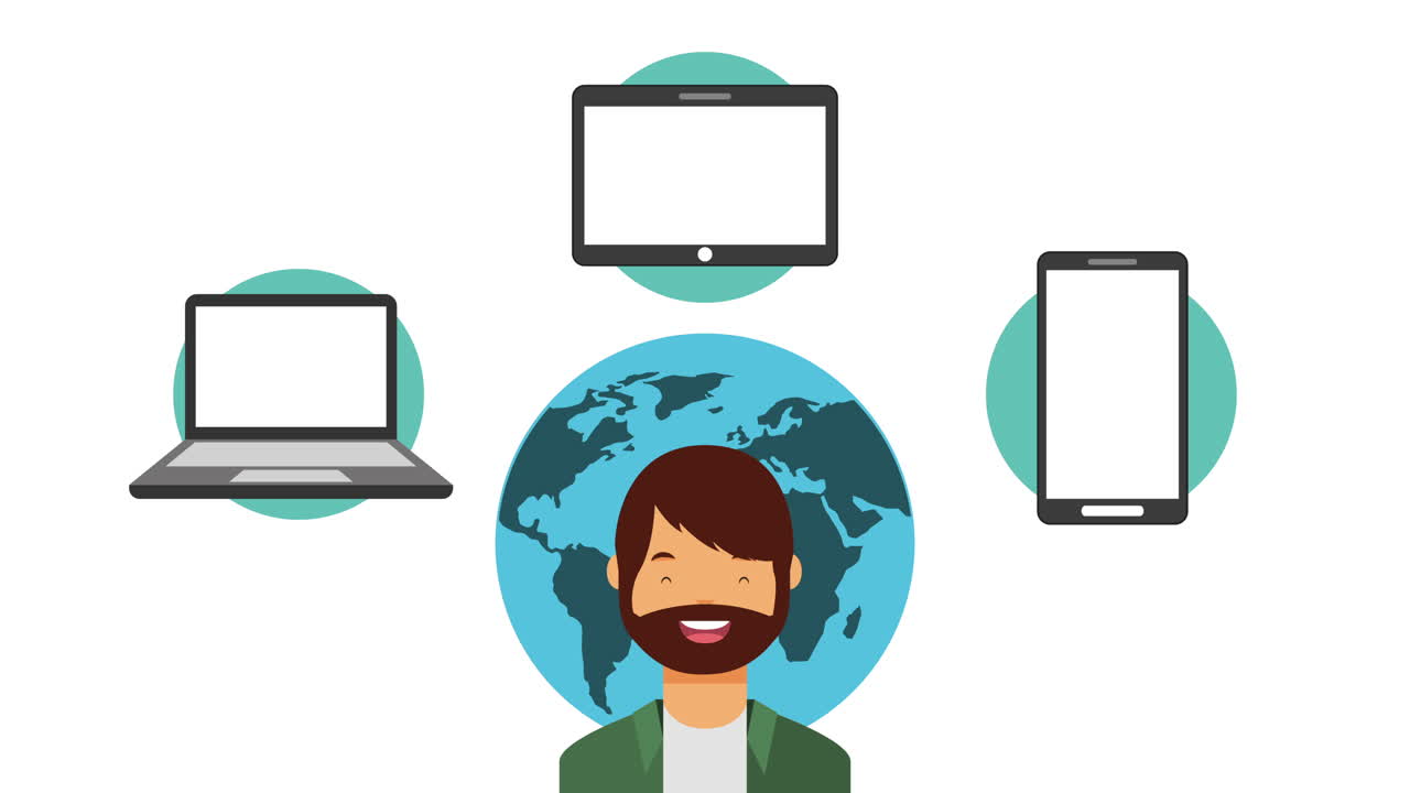 tecnología de medios sociales con hombre y conjunto de aparatos