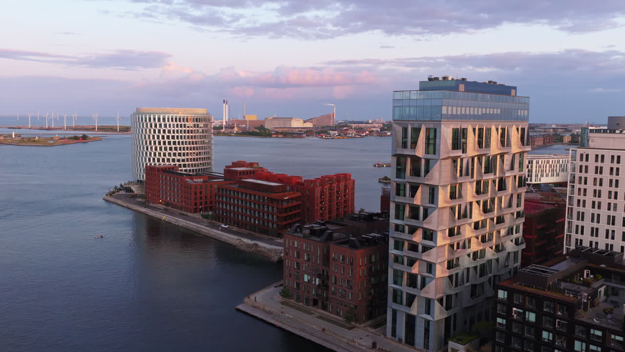 Aerial drone view of modern waterfront apartments in Nordhavn, Copenhagen, Denmark