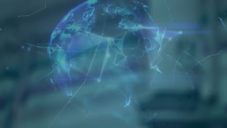 animation of globe with network of connections with glowing spots over blue background