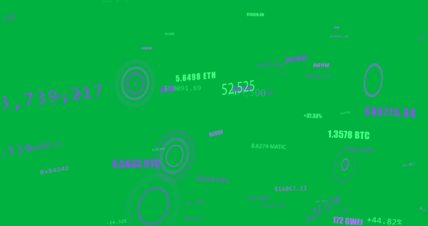 Camera panning revealing purple 3D grid on transparent bg, rings drifting and labels mapping coins
