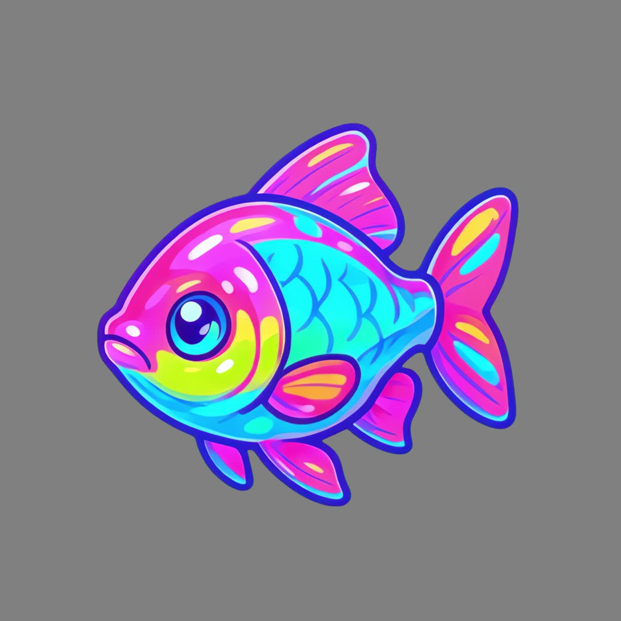 Vibrant colorful cartoon fish animation, transparent 4K video, green screen