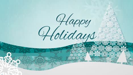 animation of happy holidays text with christmas trees on green background