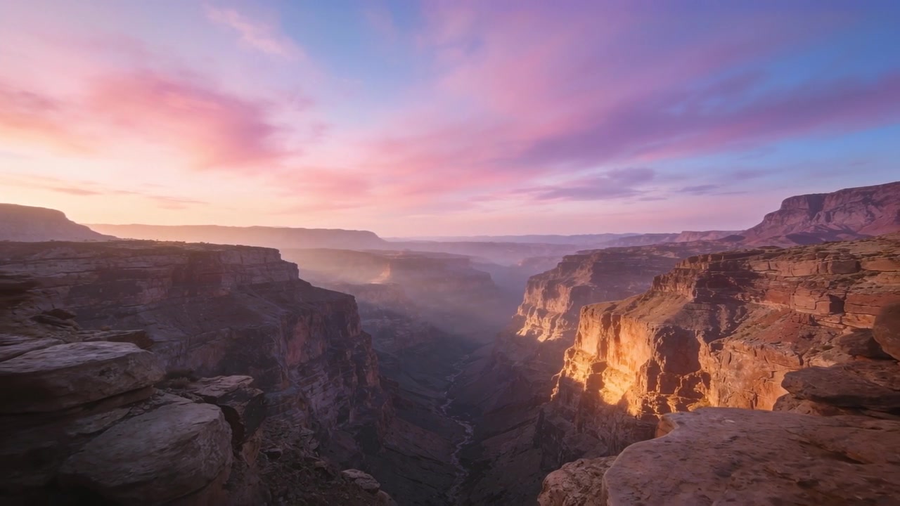Sun rising and bathing deep canyon valley and cliffs at rim, brightening right rock faces