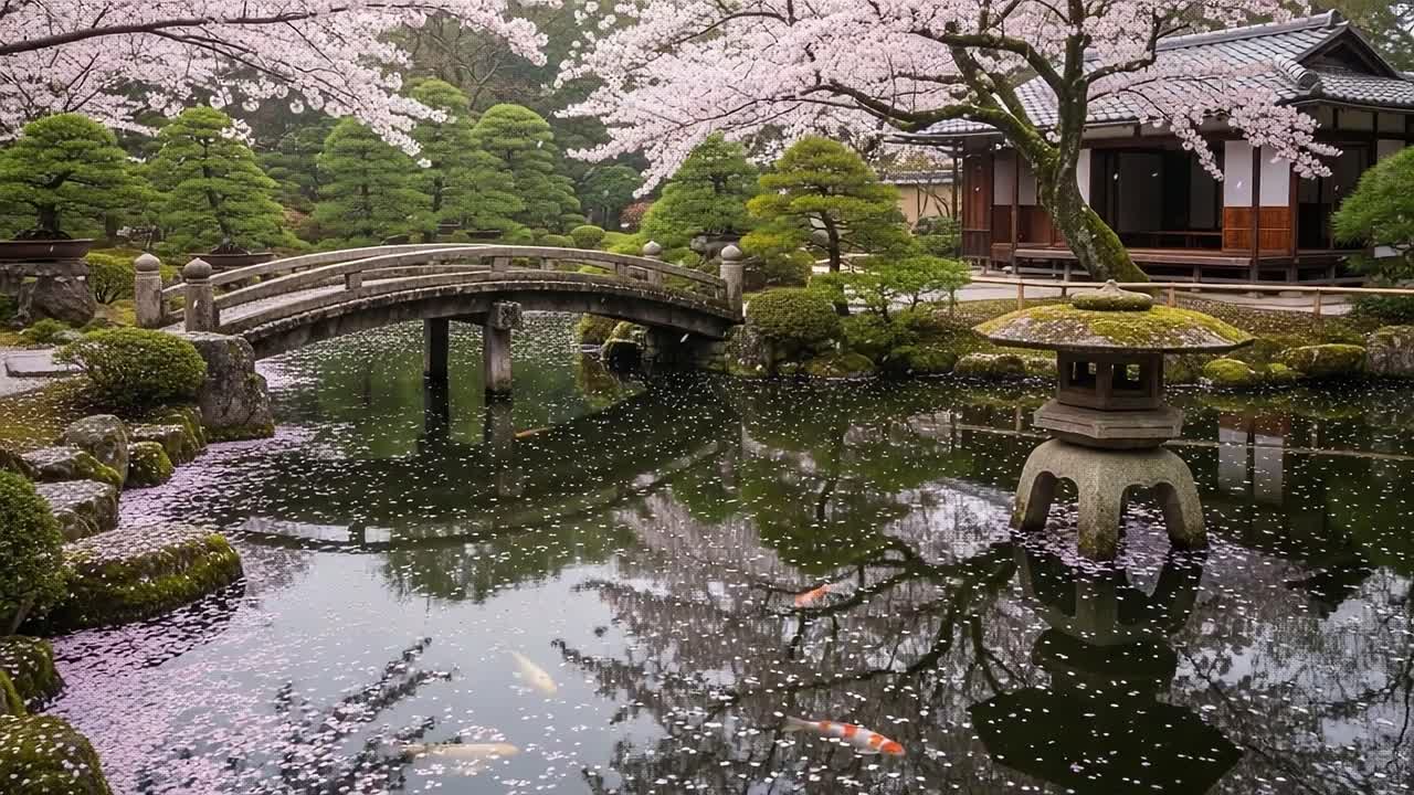 A Serene Japanese Garden in Springtime: Cherry Blossoms Gracefully Hanging Over a Tranquil Pond with Koi Fish and Lush Greenery Captured in Stunning Detail