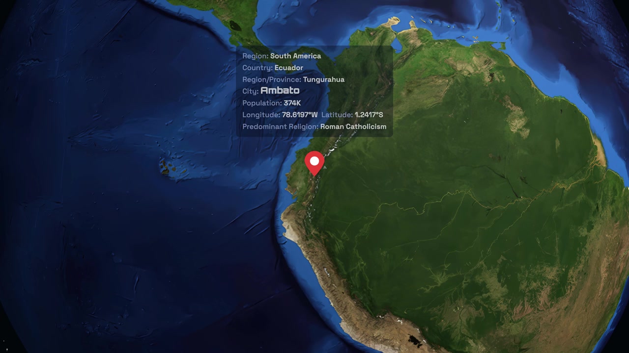 Digital globe rotates and zooms into South America, pinpointing Ambato, Ecuador with informational text