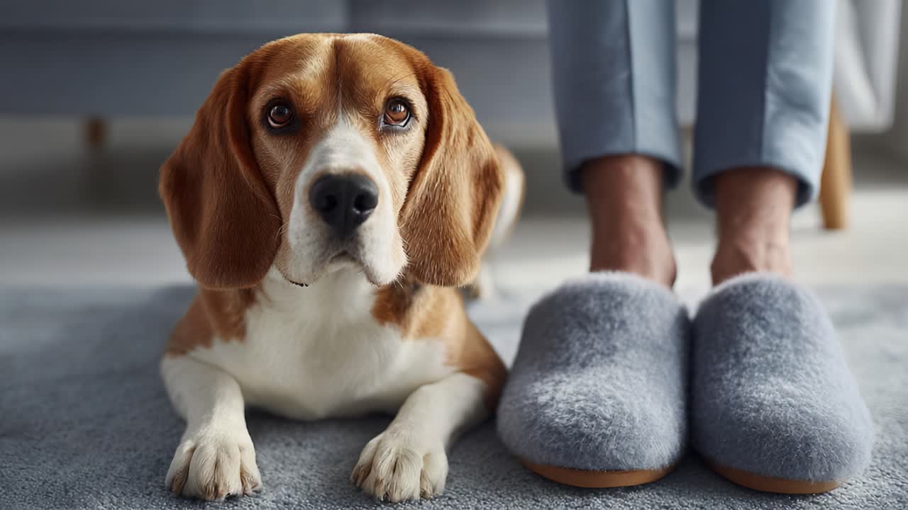 A Beagle Dog Gazes Lovingly at Its Owner While Relaxing on a Soft Carpet with Cozy Slippers Nearby, Creating a Heartwarming Home Atmosphere