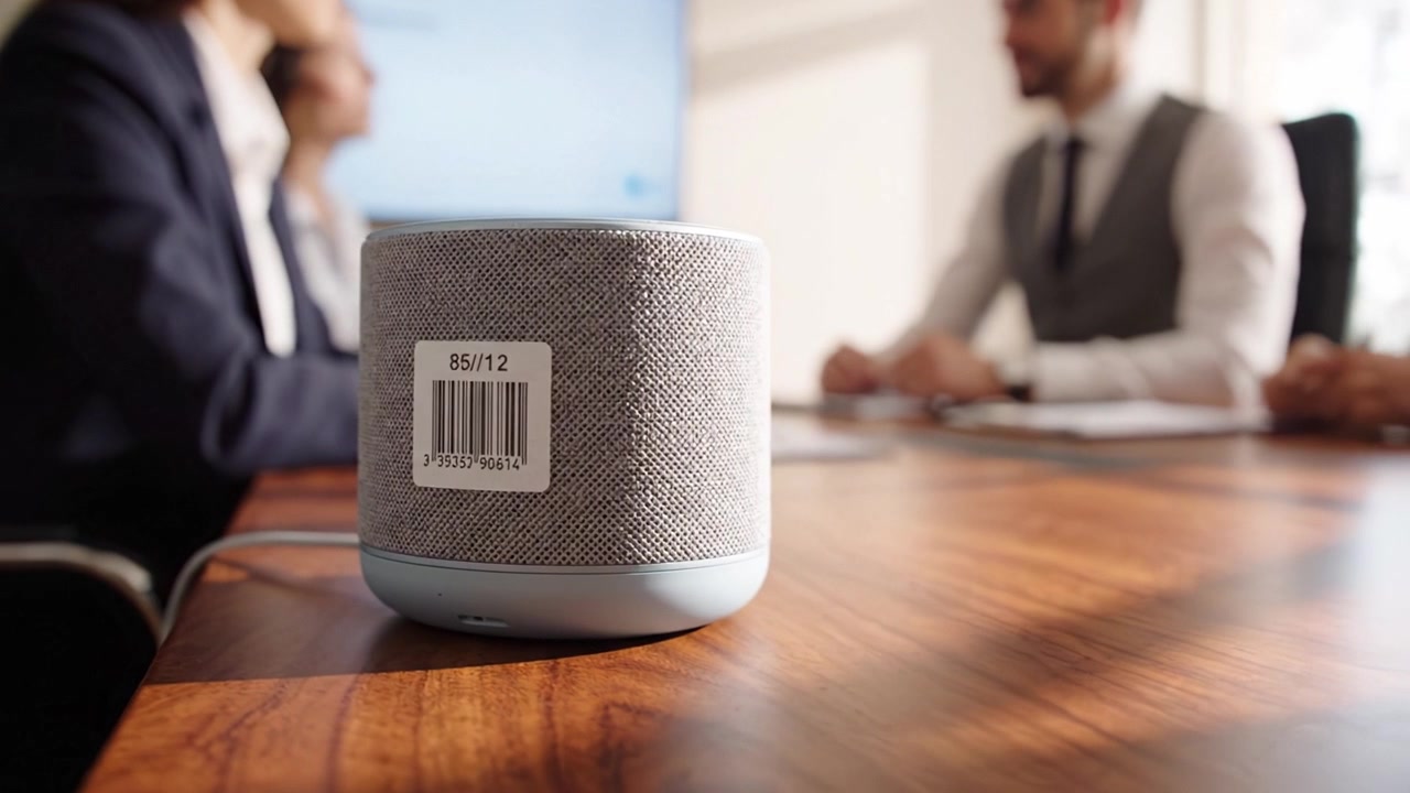 Riunione con smart speaker: tecnologia innovativa che migliora la collaborazione in contesti aziendali con design moderno e funzionalità.