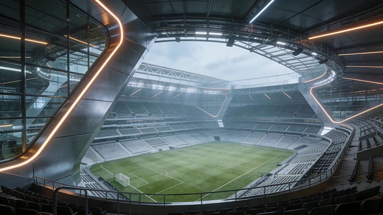Accensione delle luci dello stadio che illuminano il campo da calcio e la tribuna vuoti, attivando i LED rossi.