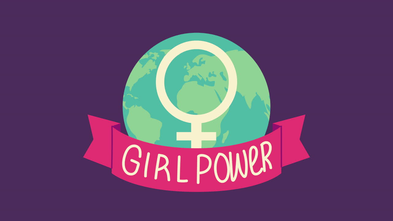 feliz día de la mujer animación con letras de girl power en el planeta tierra