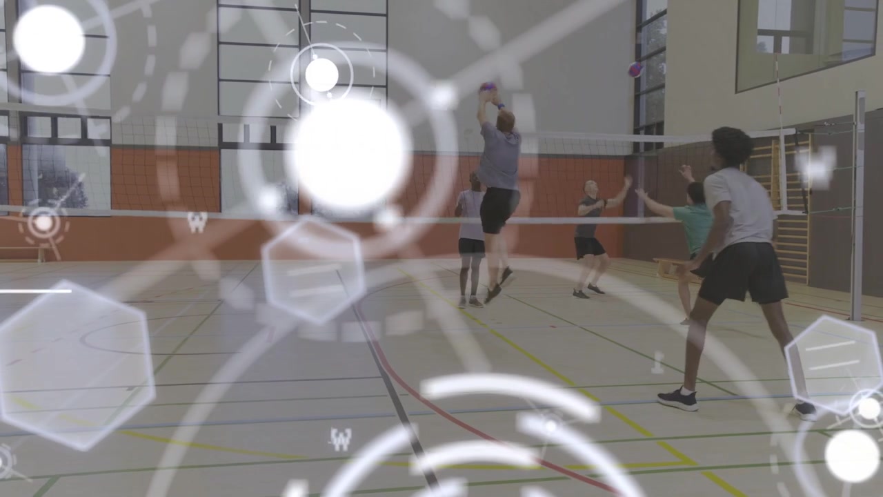 Men training volleyball, far hitter leaping over net sending ball, others defending, HUD obscuring