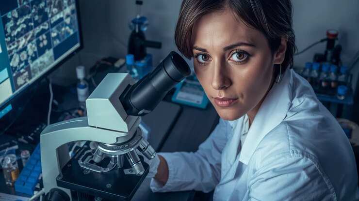 Scientist working with microscope in laboratory
