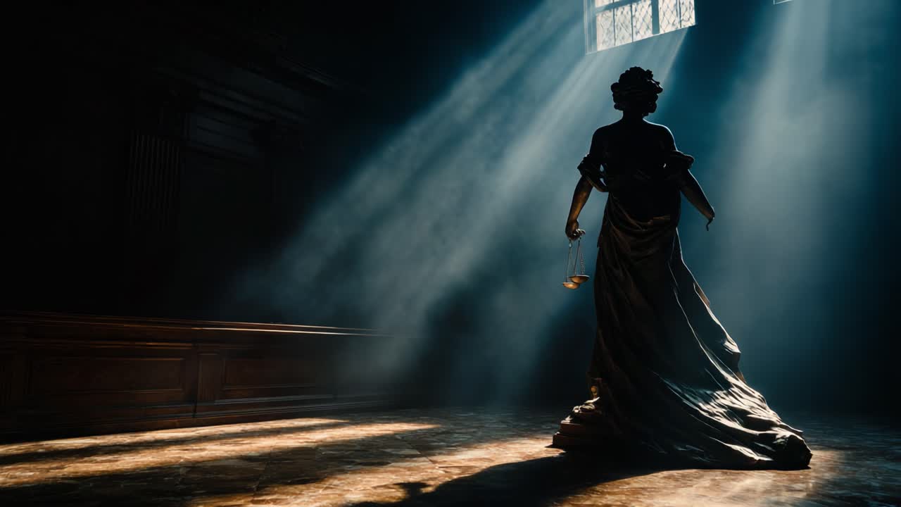 A solitary figure stands in a dimly lit room, illuminated by beams of soft light cascading from above, creating a dramatic atmosphere of contemplation and mystery