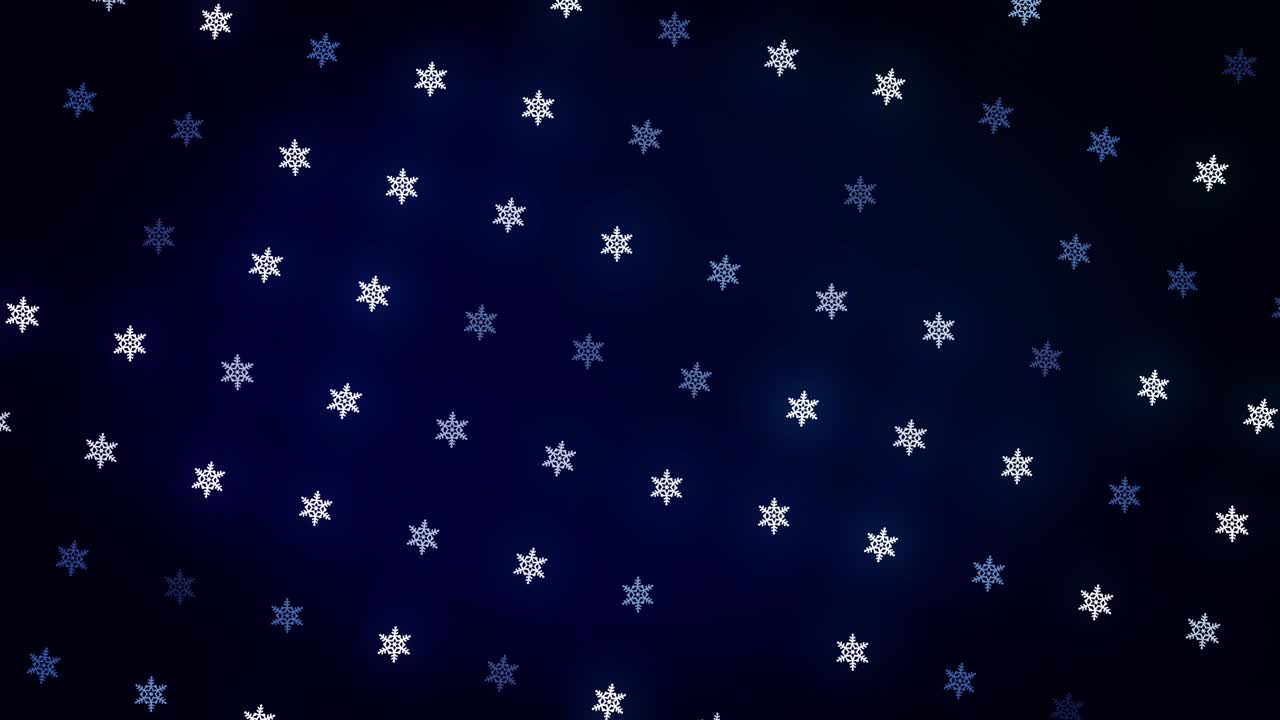 Winter Christmas background with motion of white snowflakes, seamless loop. Animation. Many rows of small white snowflakes flowing on dark blue background