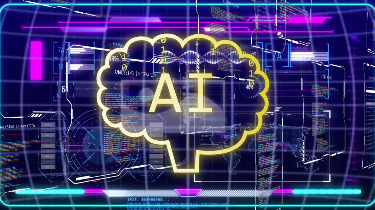 Brain-shaped AI icon glowing with chat panels sliding inward, streaming binary and visualizing data