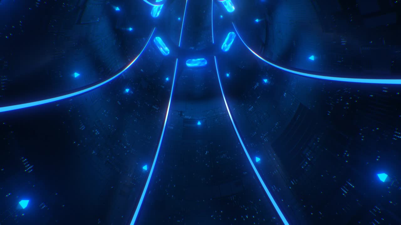 Fly in Futuristic Sci-Fi Spaceship Tunnel of Blue Neon Glow Lights - 4K Seamless Loop Motion Background Animation