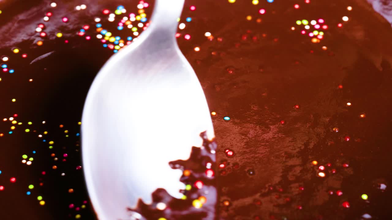 Spoon stirring chocolate with colorful sprinkles