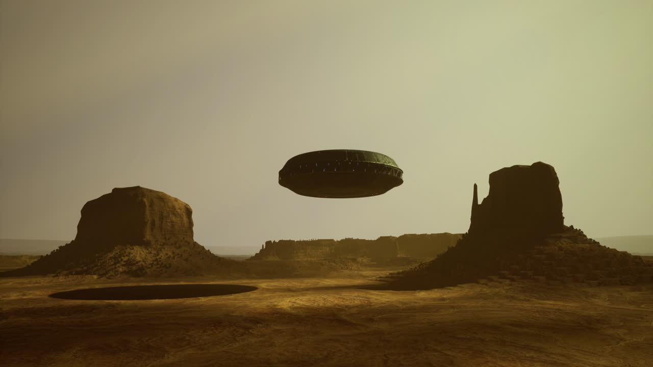 Mysterious ufo hovers above desert landscape with rock formations at dusk