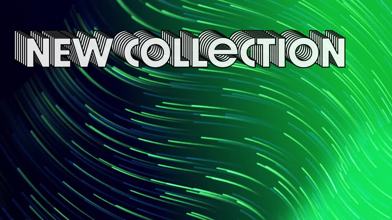 Animation of swirling green and blue abstract pattern with New Collection text