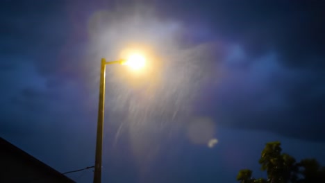 a glowing street lamp illuminates the night amidst falling rain, creating a beautiful contrast against the dark stormy clouds above