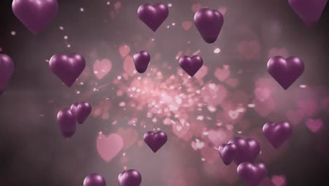 Animation-of-purple-hearts-over-light-spots-on-grey-background