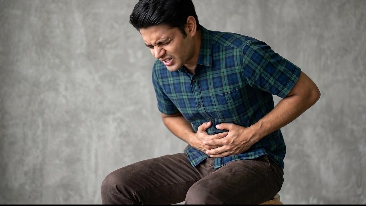 Man Suffering From Severe Stomach Pain Grabbing His Abdomen in Discomfort