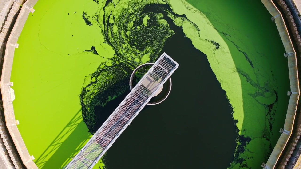 Top down drone reveals algae patterns in wastewater basin near Liepaja Latvia