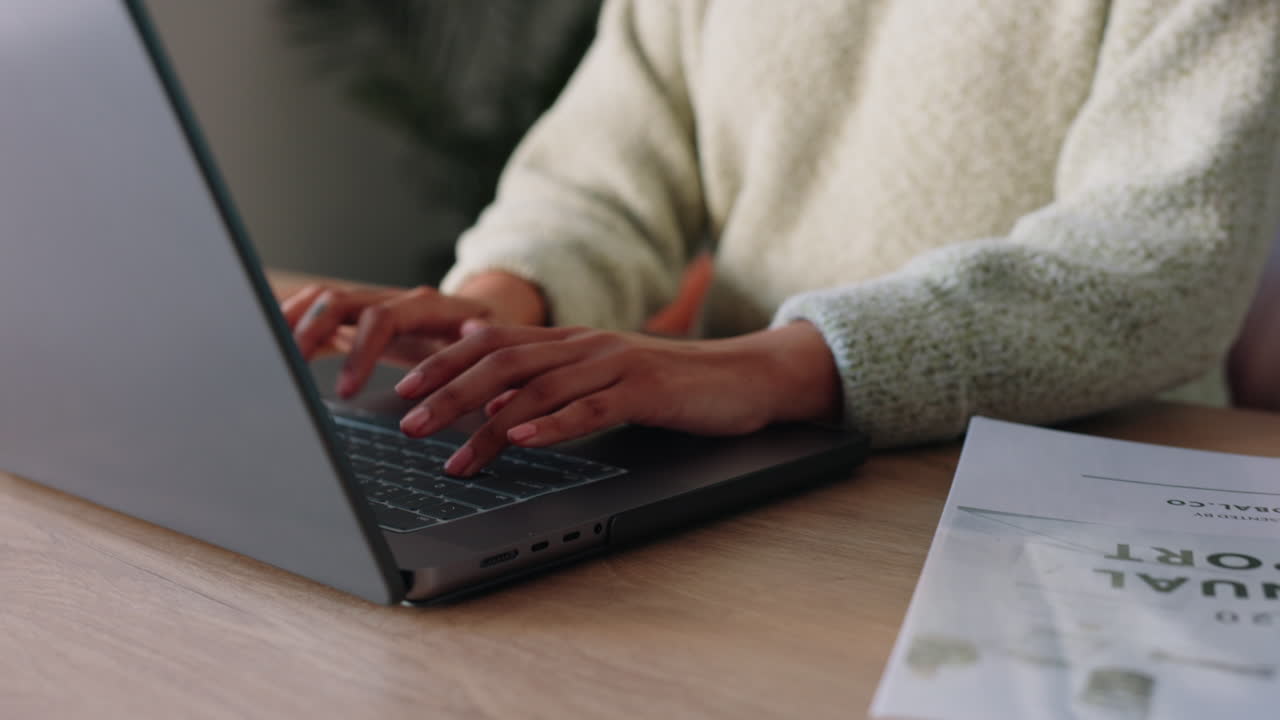 Laptop, computer and business woman hand typing