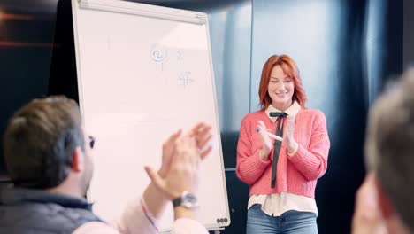 coworkers applauding the presentation of a project