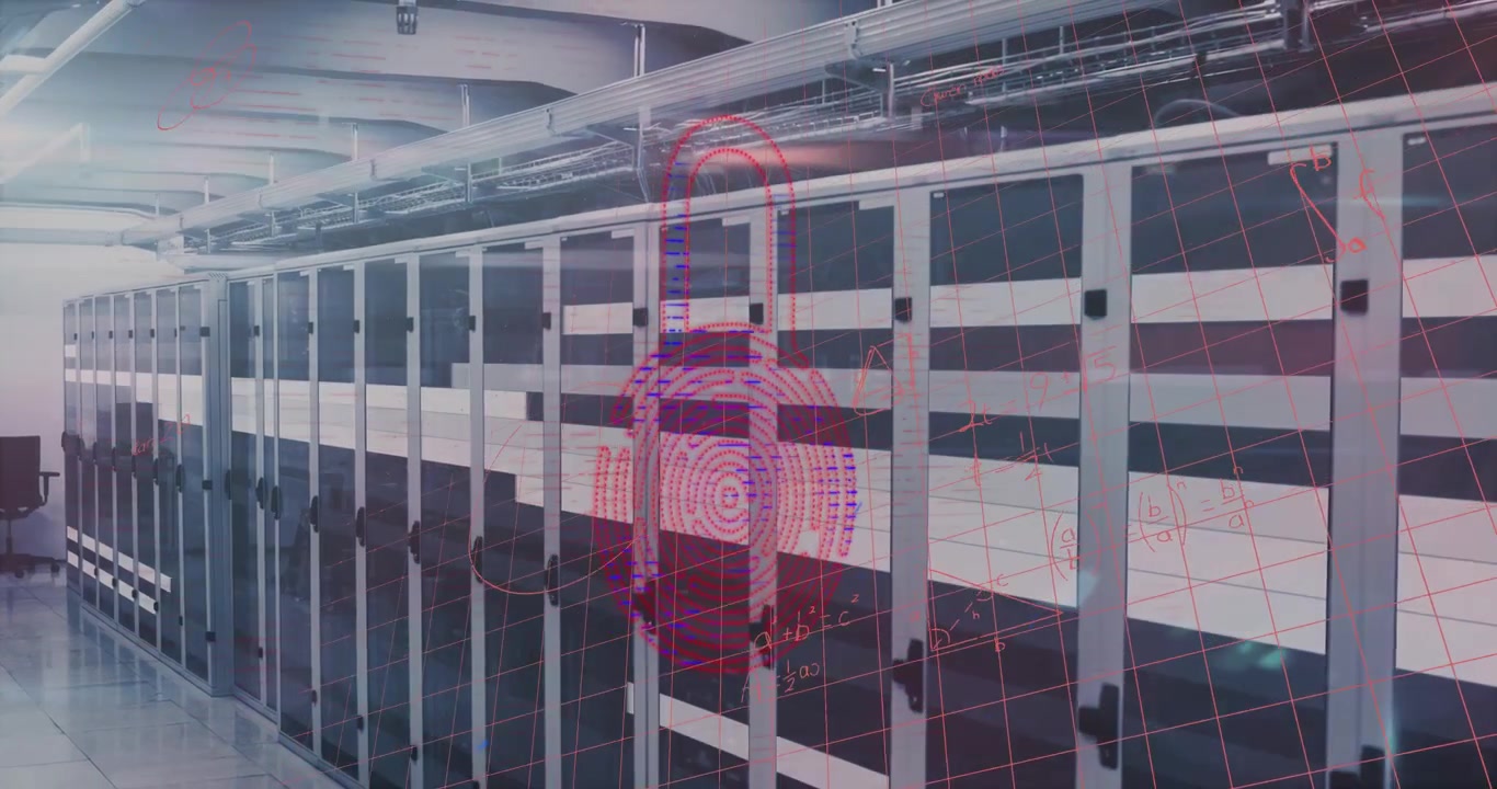 Digital Security Concept with Server Room and Mathematical Formulas