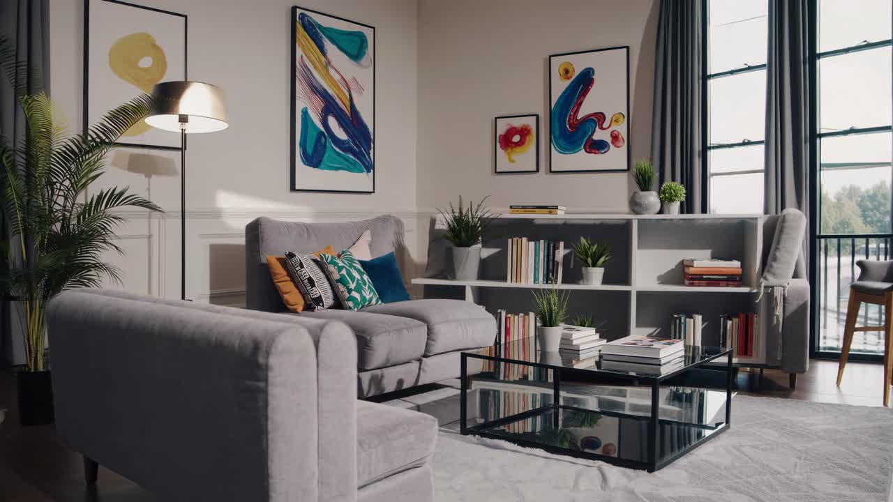 Modern living room with abstract art, captured at eye-level