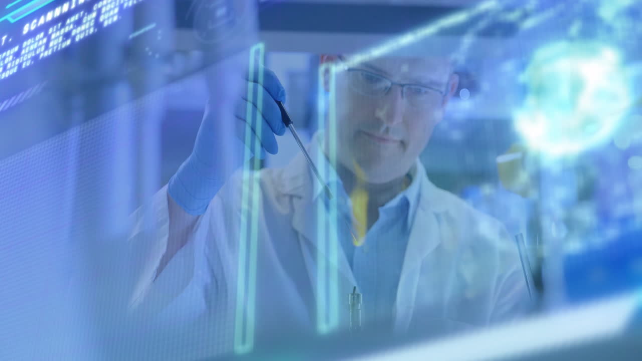 Analyzing data with graphs and charts overlay, scientist working in laboratory