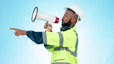 black man, architect and pointing with megaphone