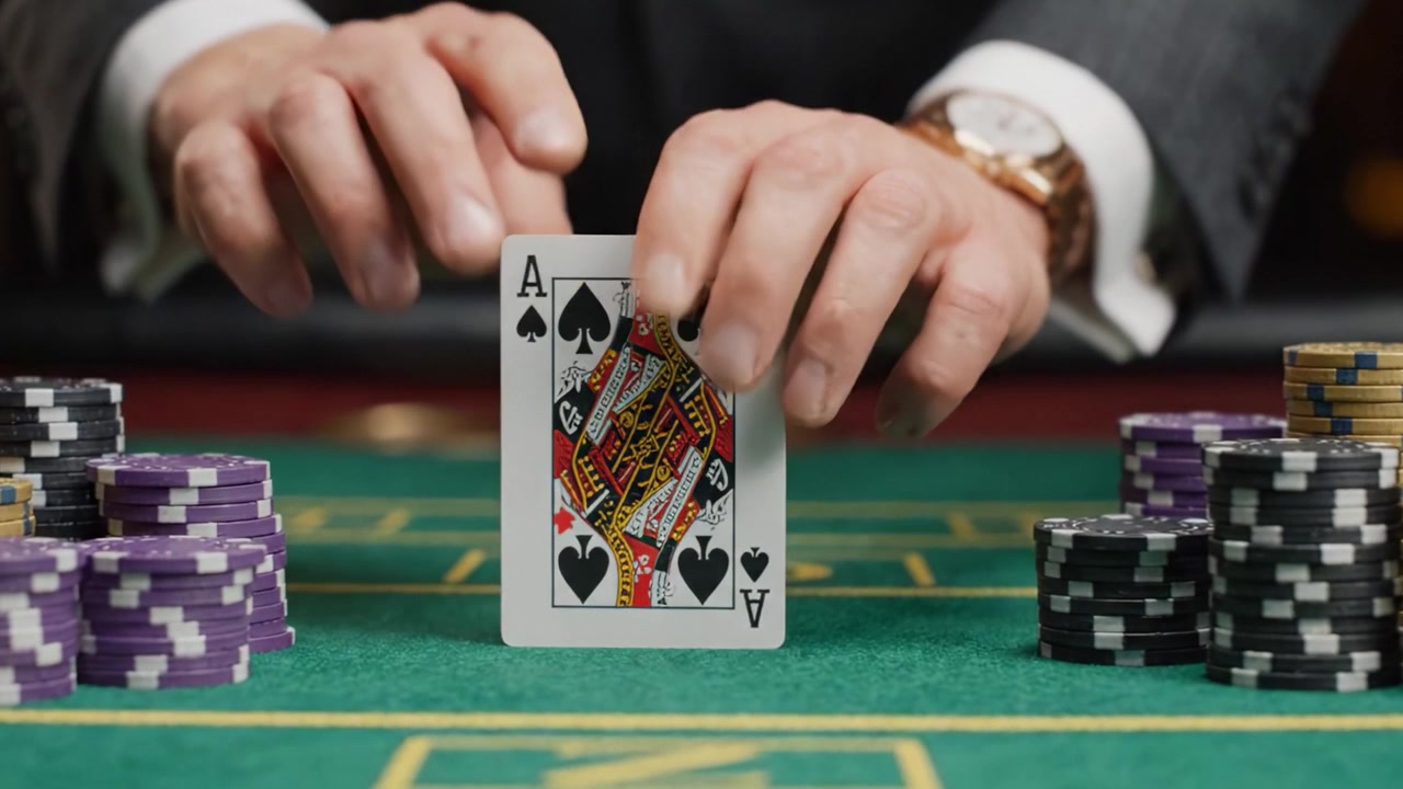 Intense Casino Atmosphere: The Players Strategize Their Next Move with Poker Chips and an Ace of Spades, Highlighting the Thrill of High-Stakes Gambling