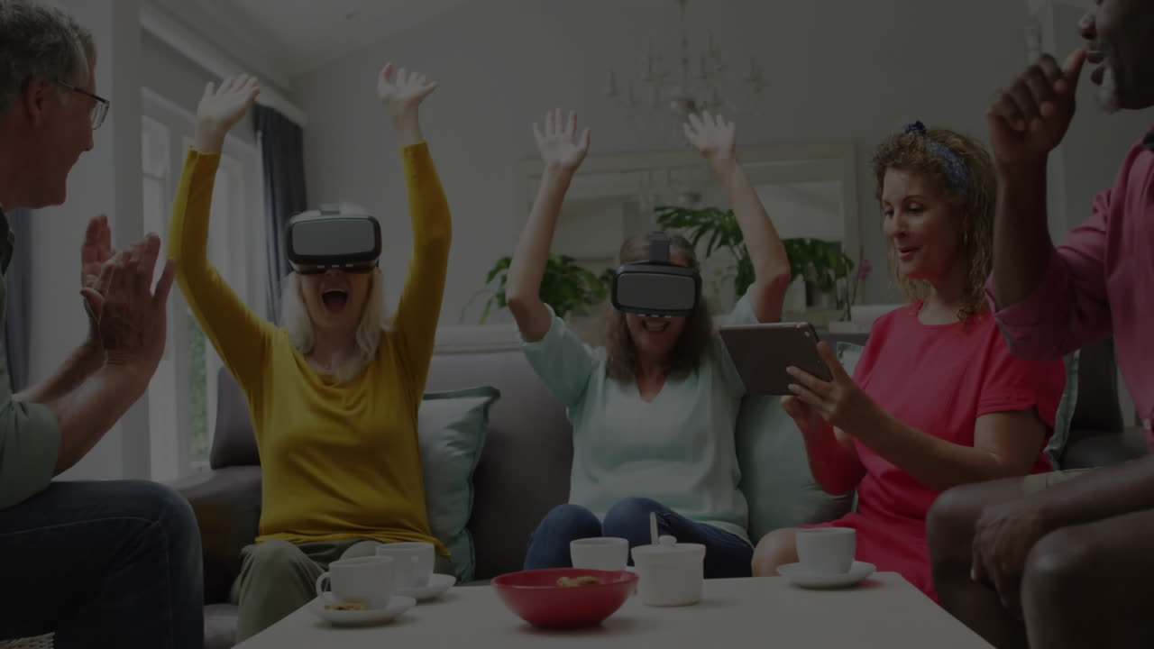 Using virtual reality headset, people experiencing digital wave animation overlay
