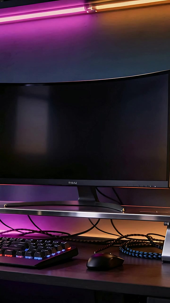 Vertical video: Shifting RGB tube causing curved monitor casting glow at desk for ambient lighting