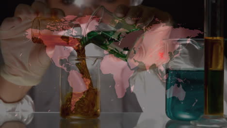 animación del mapa del mundo sobre el científico con máscaras faciales